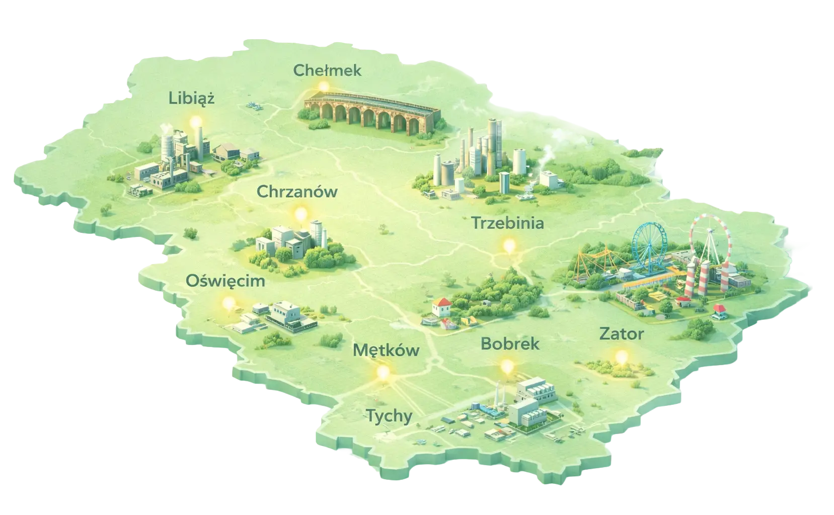 Izometryczna mapa, regionu na którym instalujemy fotowoltaikę. Chrzanów, Libiąż, Trzebinia, Oświęcim, Bobrek, Zator, Tychy, Mętków, Chełmek.
